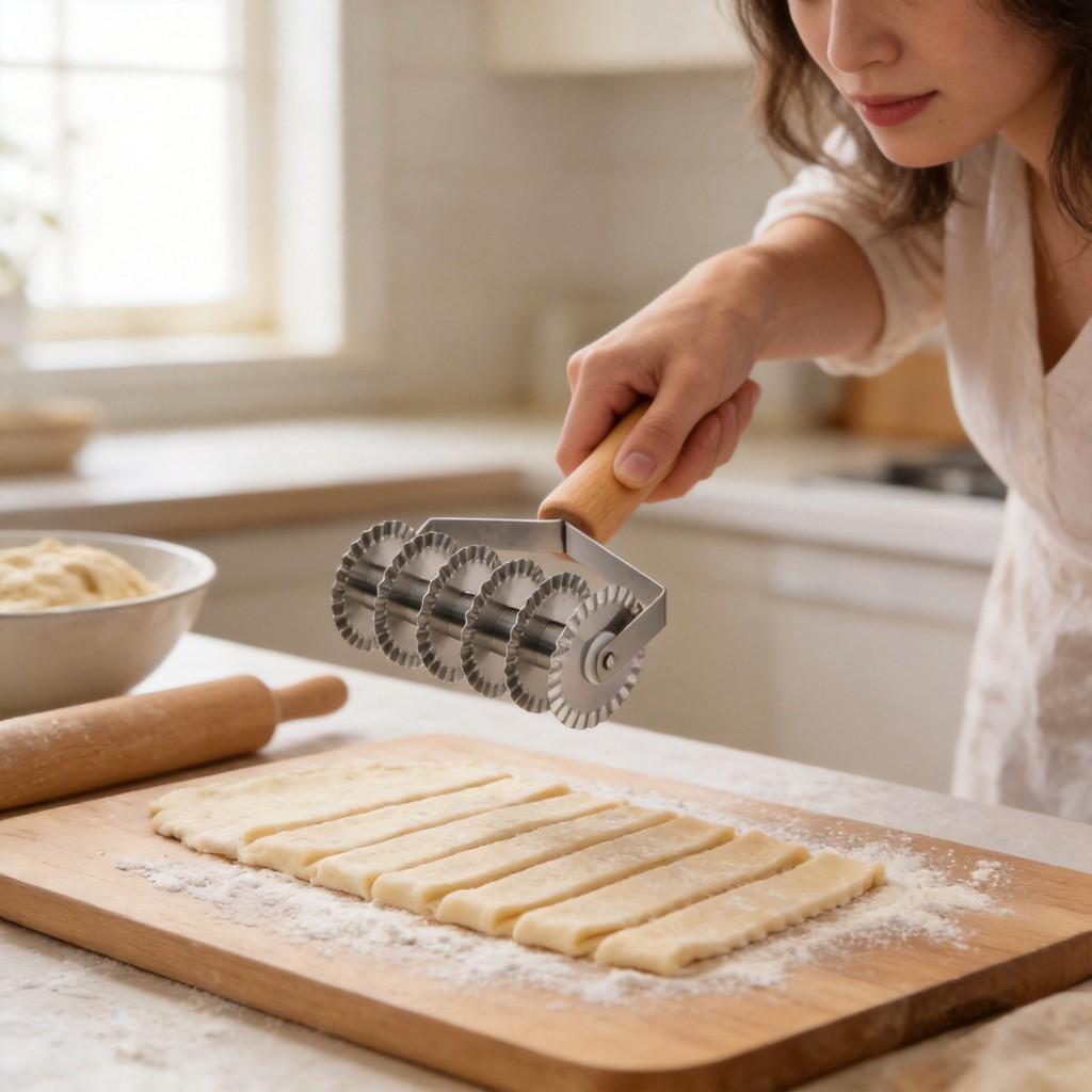 Ahşap Saplı Altı Tekerlekli Paslanmaz Çelik Pizza Kesici Ev Yemekleri ve Hediye Kullanımı İçin