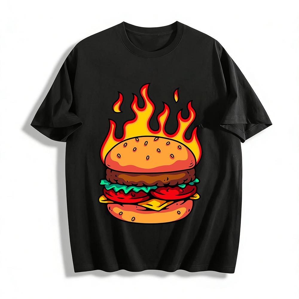 

Spicy Flame Burger Graphic Casual Short Sleeve Tee Pure cotton T-shirt 6XL