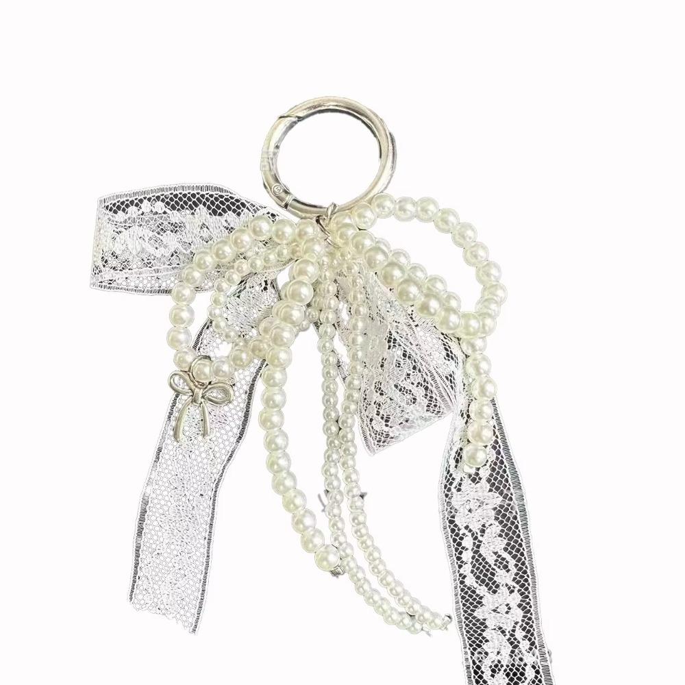 Cute Lace Keychain Bow White/Black Pearl Beaded Pendant Phone Chain Gift