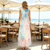 Dreamy Pastel Tie-Dye Maxi Dress, Sleeveless Flowy Summer Holiday Boho Sundress with Round Neck