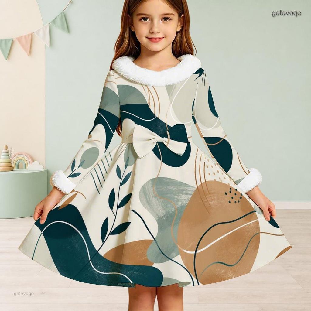 Girls Long Sleeve Faux Fur Collar Abstract Printed A Line Flared Dress With Waist Bow