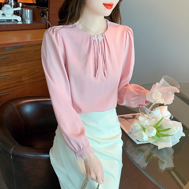 Fashion New 2024 Autumn Long Sleeve O-Neck Office Lady Pink Chiffon Blouse Shirt Women Tops Blouses Shirts J477