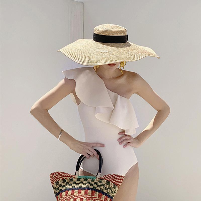 Sexy swimsuit, hot spring bikini gather shoulder ruffle edge, thin belly cover one-piece swimsuit M слоновая кость