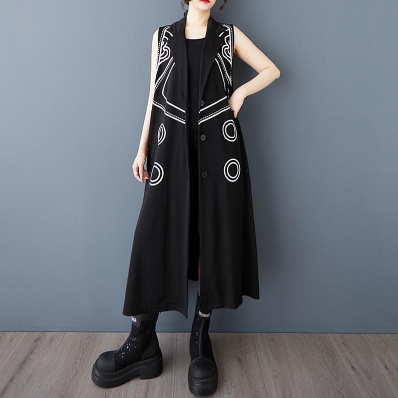 Palton lung casual vintage negru din bumbac fără mâneci plus size pentru femei, îmbrăcăminte exterioară de toamnă, vară, primăvară