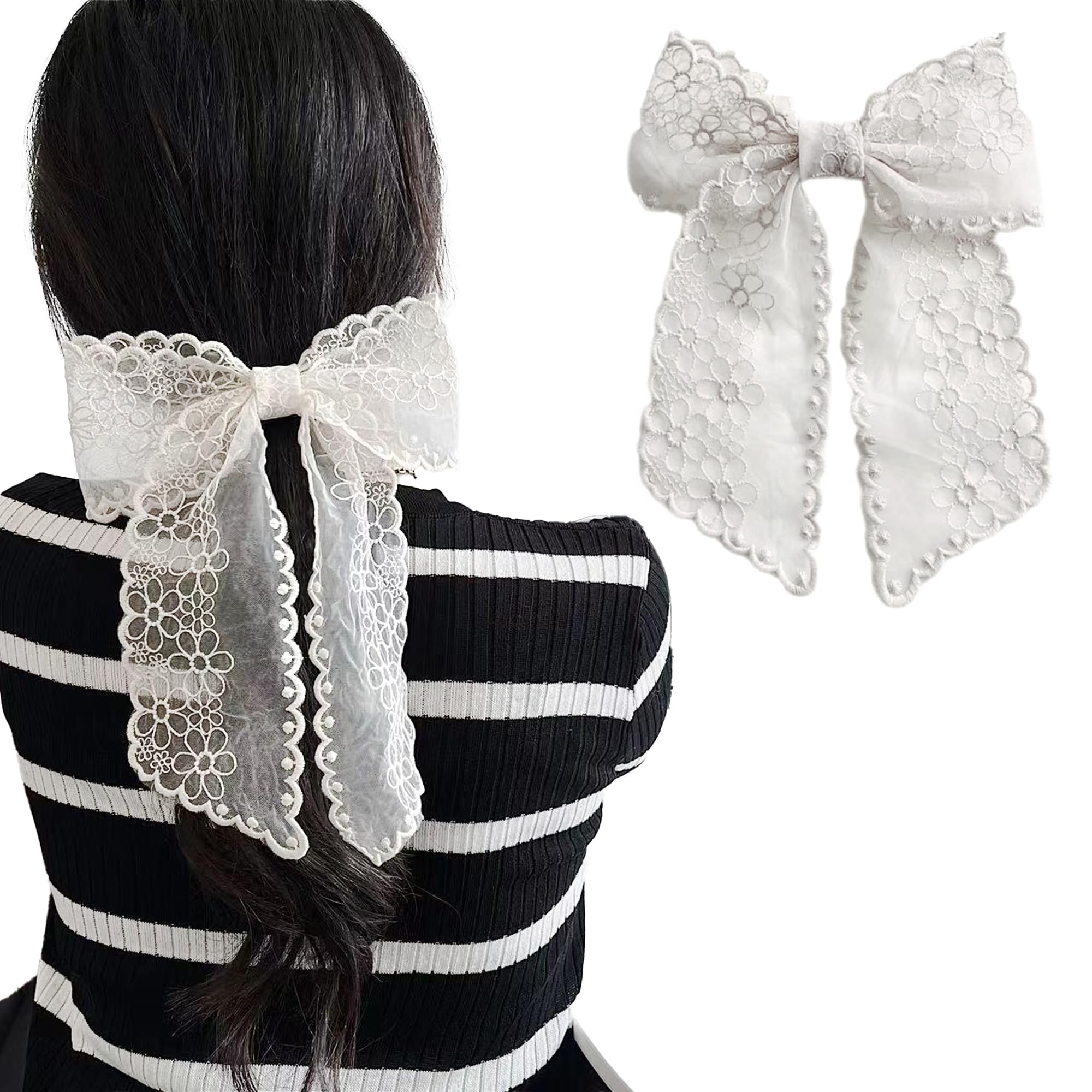 White Floral Lace Big Ribbon Ribbon Clip Lolita Dreamy Cute Gothic Lolita Hair Clip Hairpin Hair Accessory [Used]