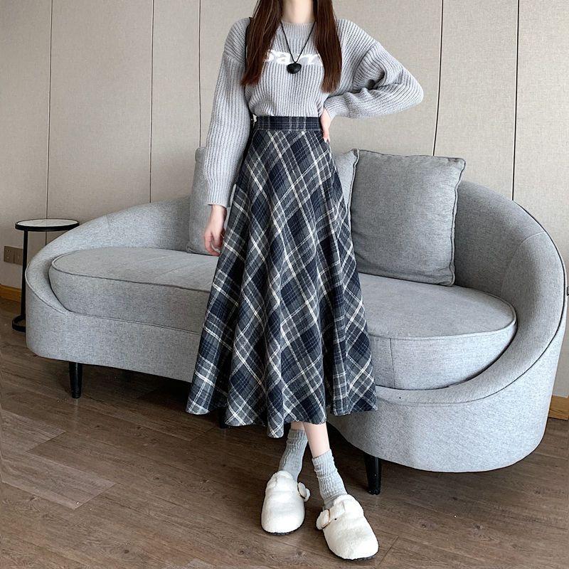 Coffee Wool Plaid Skirt for Women with High Waist Slim Skirt for A-line Midi-length Umbrella Skirt