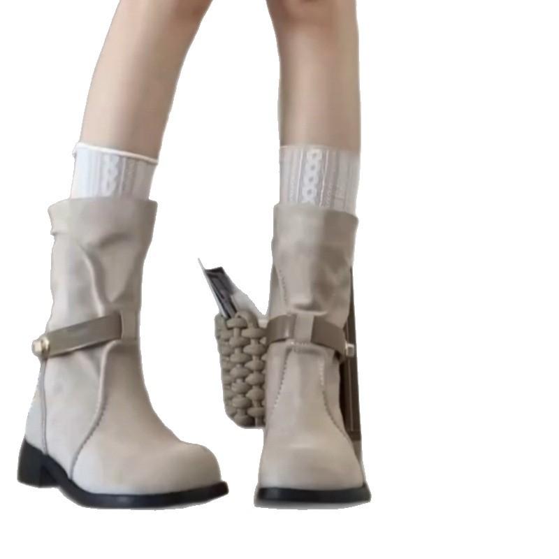 Cowhide Version~ French Metal Short Boots Retro Thick Heel Boots Children with Skirt Inner Height Increase and Thin Western Cowboy Boots