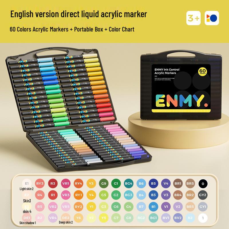 Enmi Liquid Acrylic Marker Set - 80 Colors, Soft Tip, Layerable, for Children's Painting in Black Box