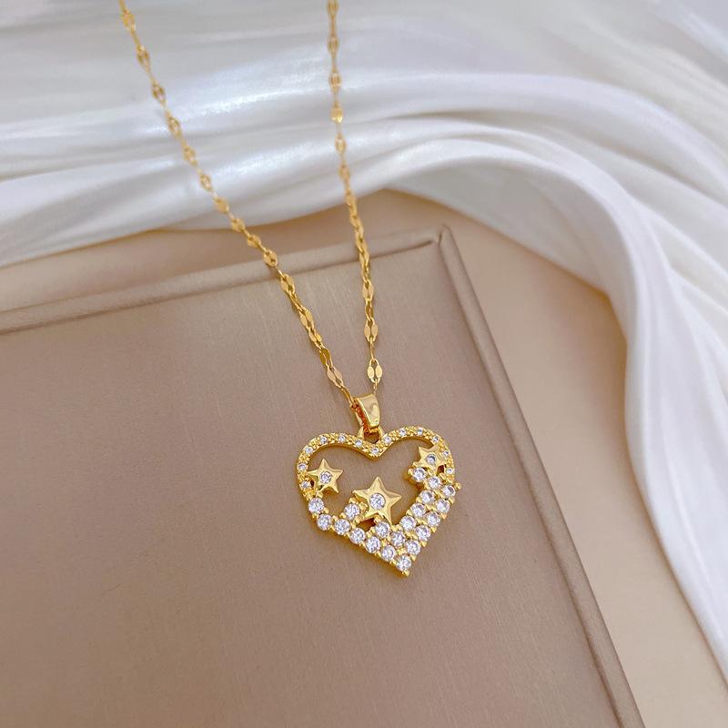 Love Pentagram Light Luxury Temperament Gorgeous Full Diamond Necklace Female Versatile Collarbone Chain Titanium Steel Chain