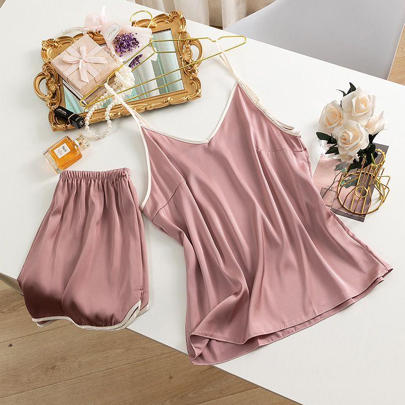 

Pajamas Women Sling Home Service V-neck Thin Sleeveless Strap Pajamas Bean paste color One size