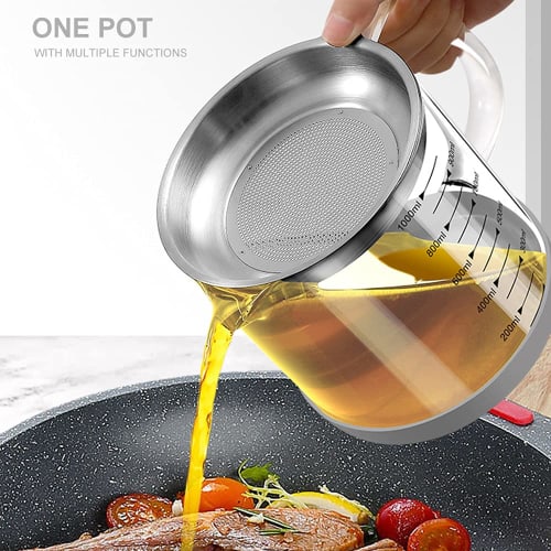Ticaot 18/8 Stainless Steel + Heat-Resistant Clear Glass Oil Pot, Strainer Pot, Oil Strainer, Residue Filter, Oil Filter for Home and Restaurant Use,