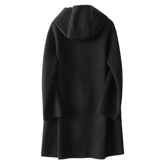 Winter Double Sided Woolen Coat Women Solid Color Hooded Overcoat Loose Large