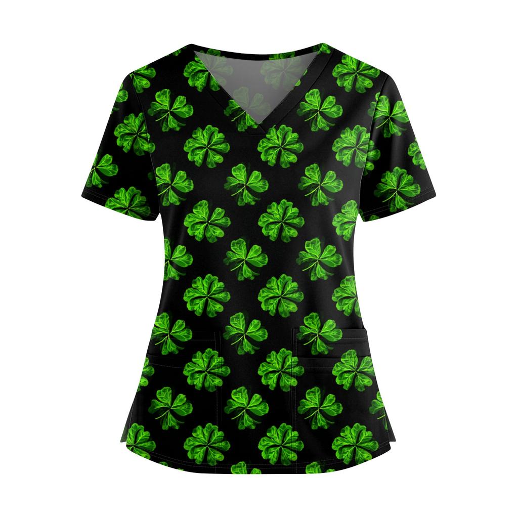 Frauen St. St. Patrick's Day Druck V-Ausschnitt Doppeltasche Kurzarm Uniform Oberteil mit geschlitztem Saum