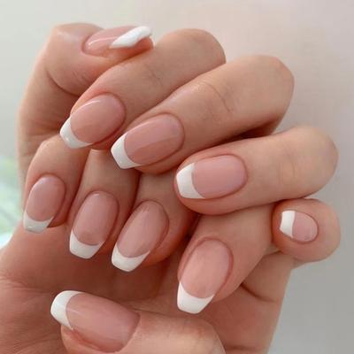 24Pcs/Set Quick Nails Short Simple French White Edge False Nials Sticker Wearable Waterproof Manicure Finished Nails