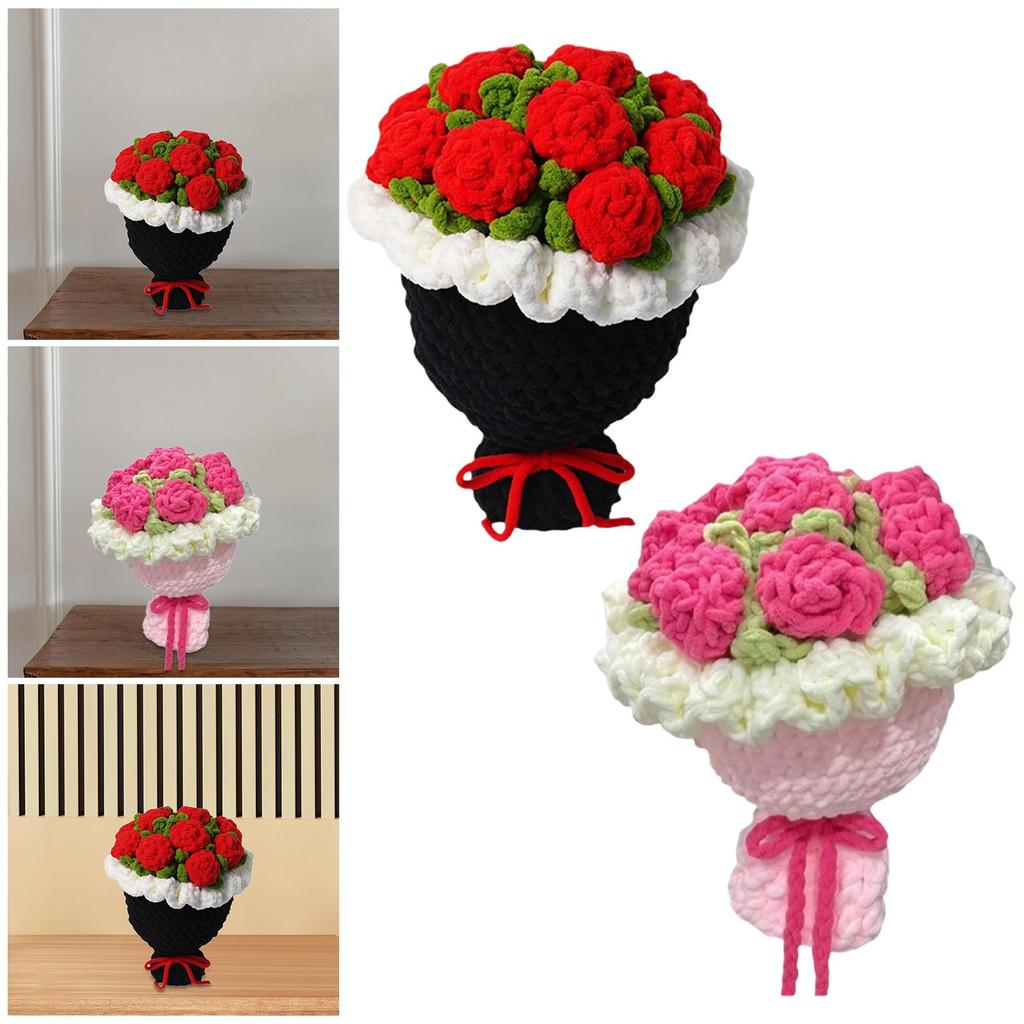 Crochet Rose Flower Bouquet,Creative Sturdy Table Centerpiece Woven Finished Handmade Knitted for Home Festival Party Wife Women