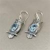 Vintage Silver Color Metal Carving Owl Earrings Originality Roung Inlaid Sea Blue Stone Dangle Earrings