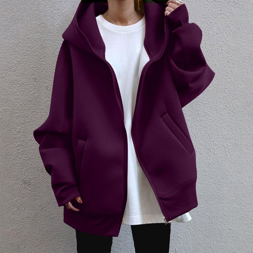 Spring and Autumn Four Seasons Women's Casual Loose Long Sleeve Zip-up Hoodie with Long Lining Coat