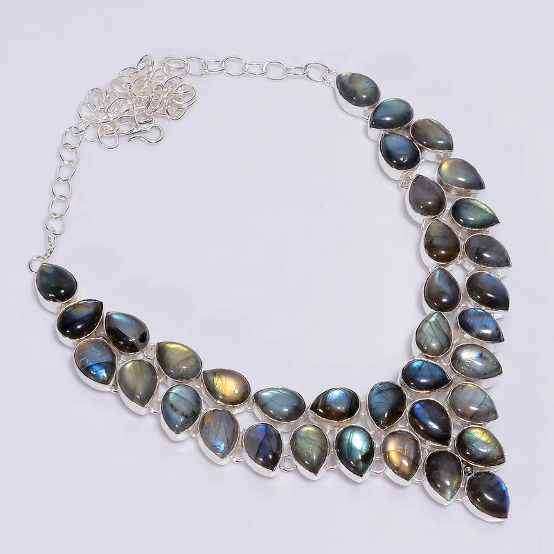

Dazzling Top Grade Qualite 100% Natural Labradorite Pear Shape Ethnic Handmade Jewelry 925 Steling Silver Necklace 18 WSJ-4749 срібний