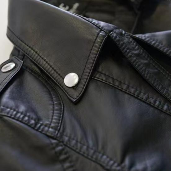 Women Jacket Faux Leather Smooth Surface Turn-down Collar Zip-up Zipper And Rivet Decor