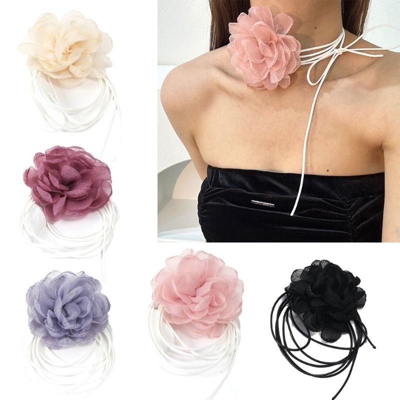 Vintage Big Flower Choker Necklace for Women Gifts Elegant Lace-up Rope Chain Necklace Fashion Jewelry Accessories