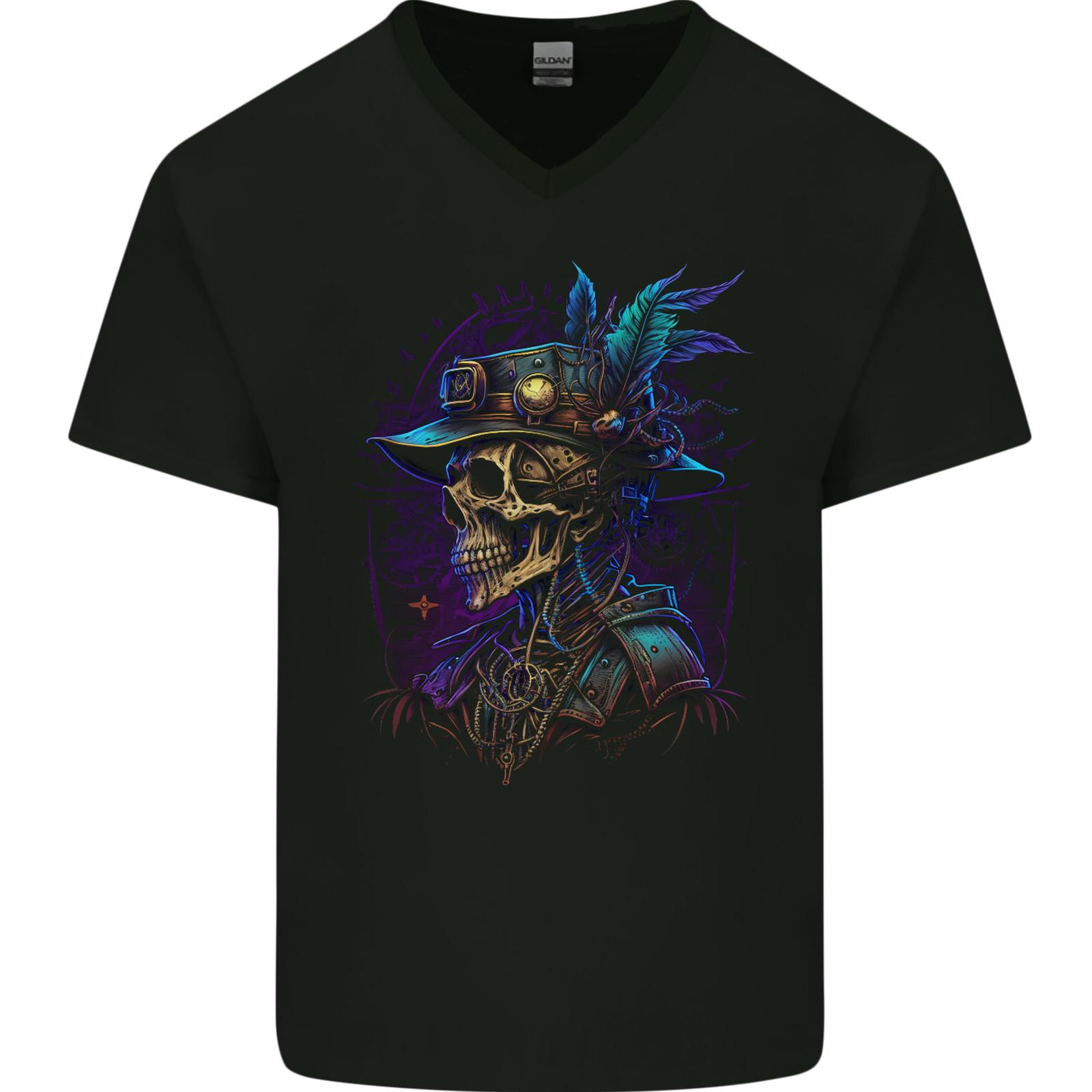 Steampunk Skull Pirate Mens V-Neck Cotton T-Shirt S