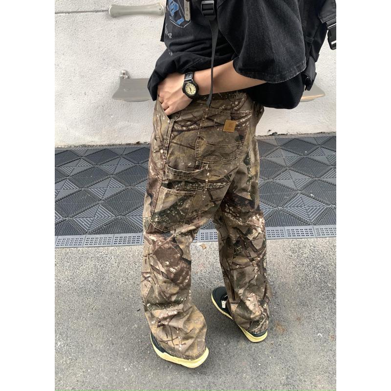 Unisex Retro Camouflage Distressed Work Pants - Straight Leg, Loose-Fit Outdoor Casual Wear