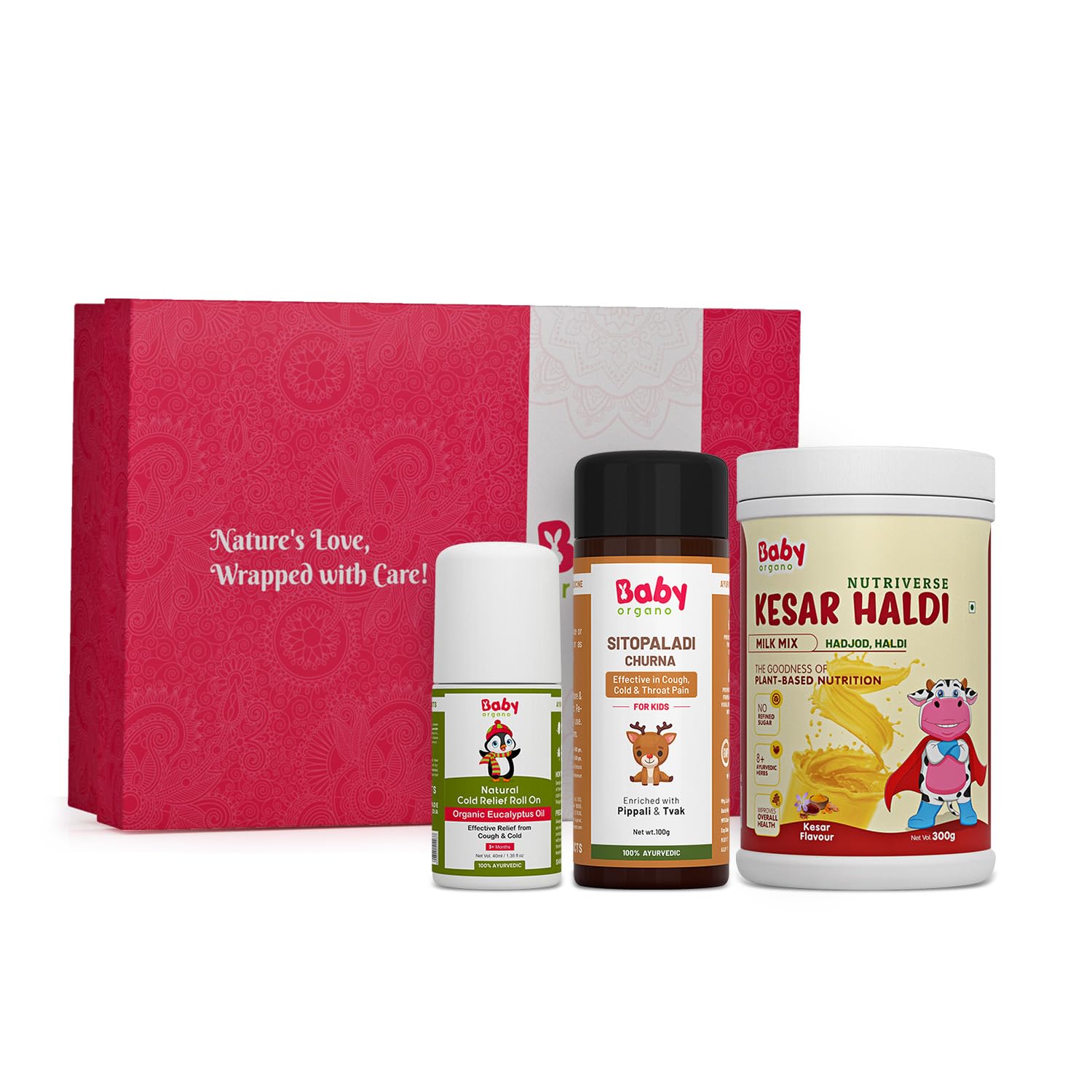 

BabyOrgano Gift Set - Tender Care Cold Relief | Kesar Haldi Milk Mix - 300gm | Cold Relief Roll On - 40ml | Sitopladi Churna - 100gm