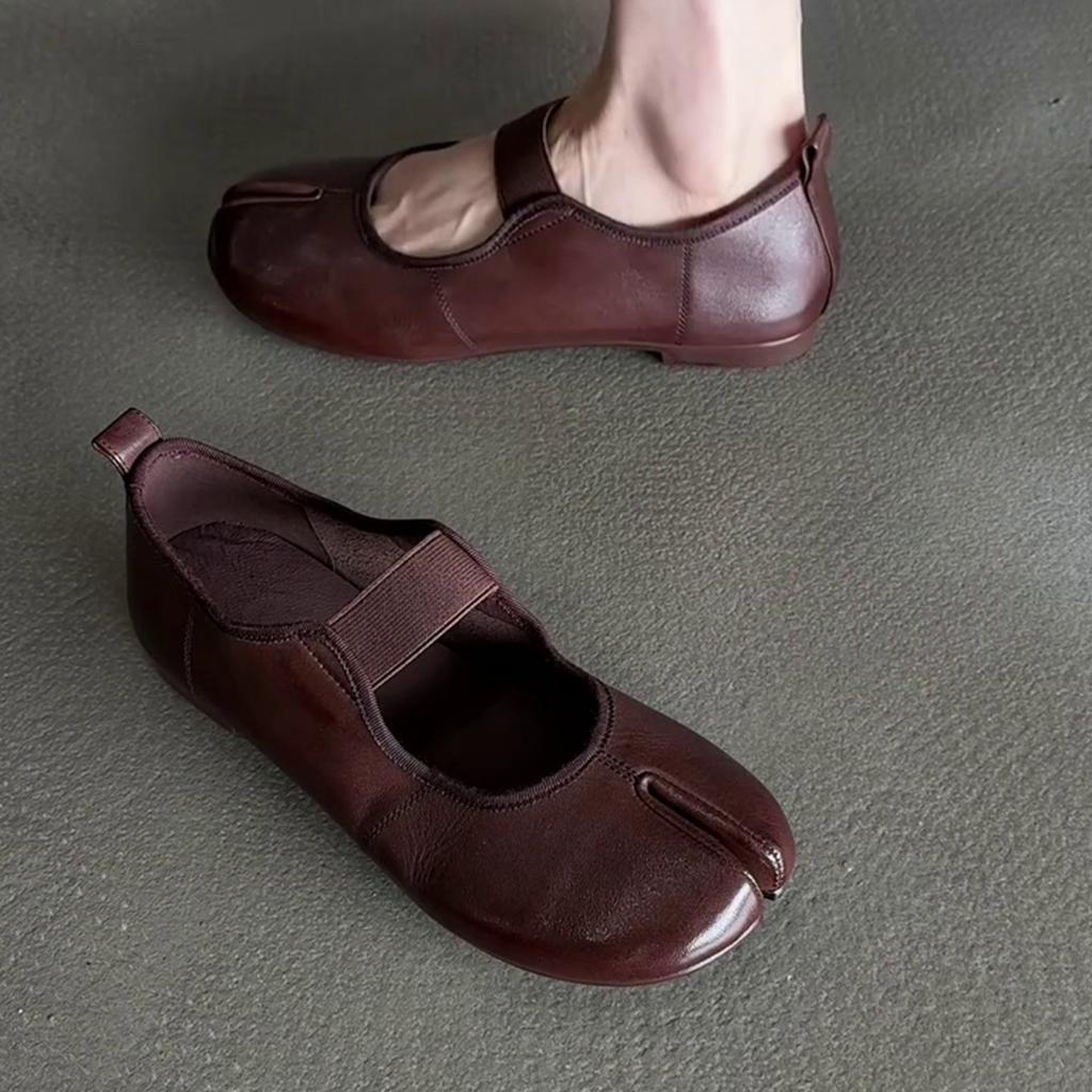 Sheepskin Version~ Retro Versatile Round Head Split Toe Inner Height Increase Soft Sole Female Soft Comfortable Simple Word with Light Mouth Single 