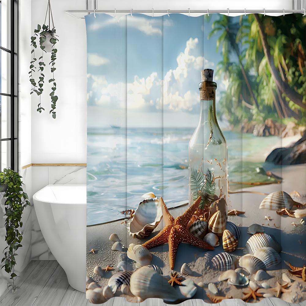Ocean Beach Glass Bottle Starfish Shell Shower Curtain, Bathroom Decorative Shower Curtain, Waterproof Shower Curtain with Hooks