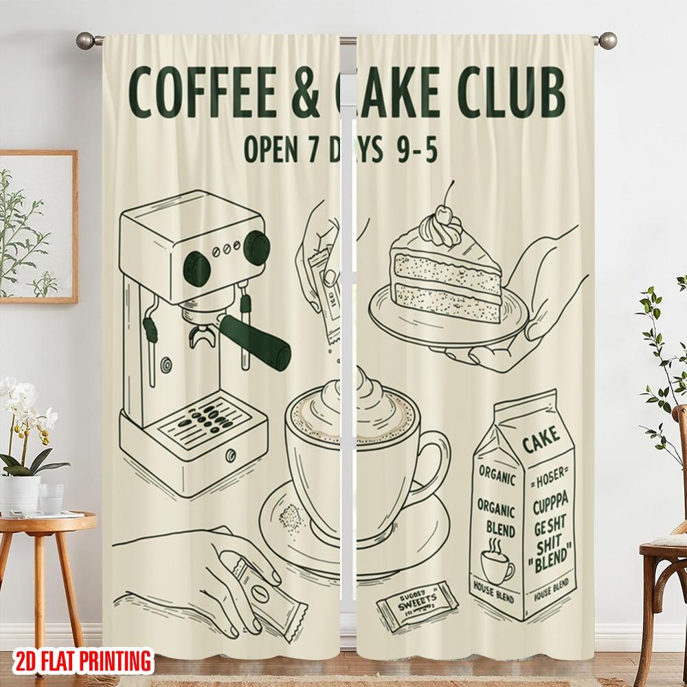 2pcs 2D Flat Printing Drapes Coffee Cake Club Coffee Machine Polyester Without Electricity All Season Party & Holiday Decor Use