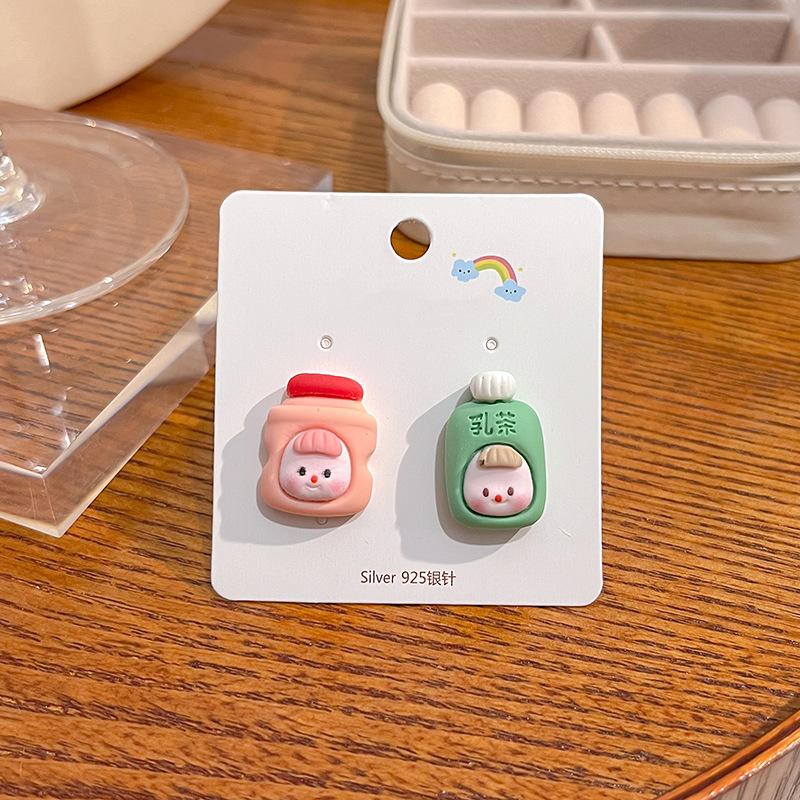 Summer Cartoon Cute Fruit Anthropomorphic Q Version Fun Girl Stud Earrings Peach Cow Flowers