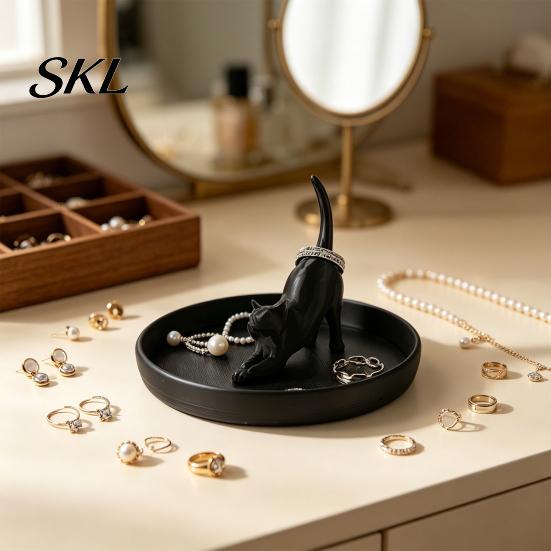 Small Jewelry Organizer 3D Printed Cat Tray, Desktop for Rings Black And White Tray Earrings, Cute Kitten Decorative Storage Dish Home Vanity