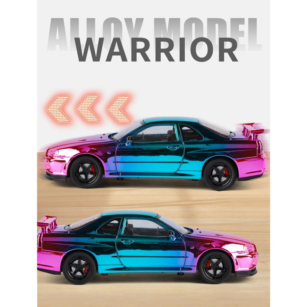1/24 Nissan Skyline GT-R GTR R34 Alloy Electroplated Sports Car Model Diecast Metal Racing Car Vehicles Model Sound Light Kids Toy Gift