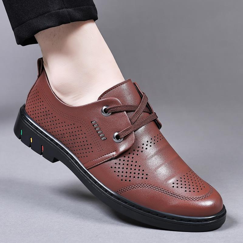 Large Size Summer Versatile Breathable Hollow Casual Men's Shoes Lace-up Low-top Men's Punched Hole Leather Sandals