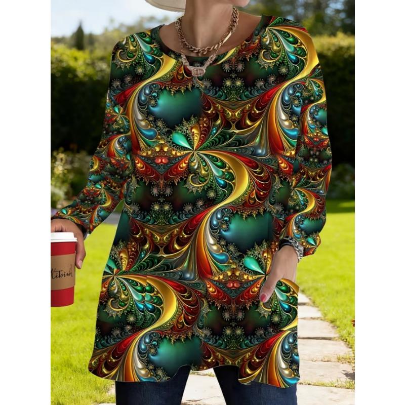 Women's long-sleeved round-neck T-shirt, suitable for spring, autumn and winter seasons. It has pockets and print designs.  machine washable.