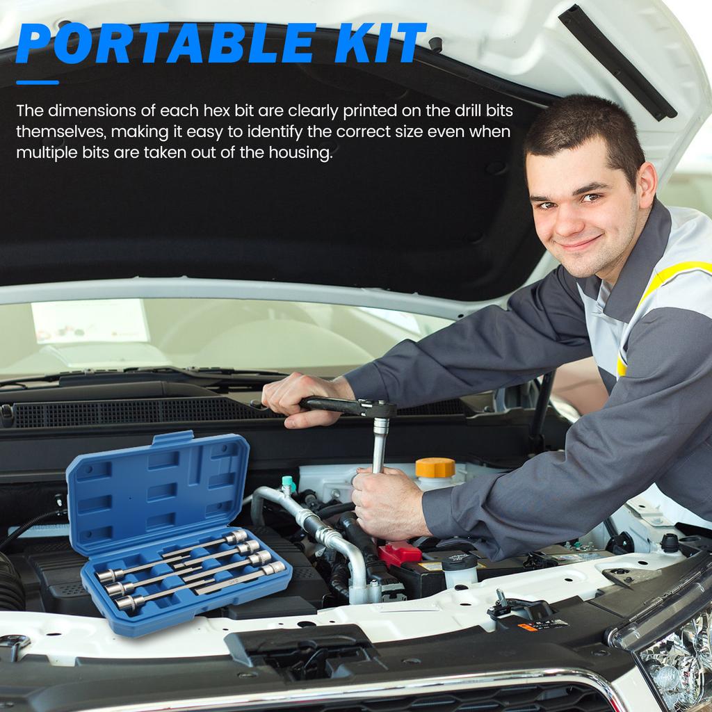 7 Pcs Hexagonal Bit Socket Set Alloy Steel 3/8 Inch Drive Compact Easy To Identify Extra Long Hex Socket Set for Home Repair