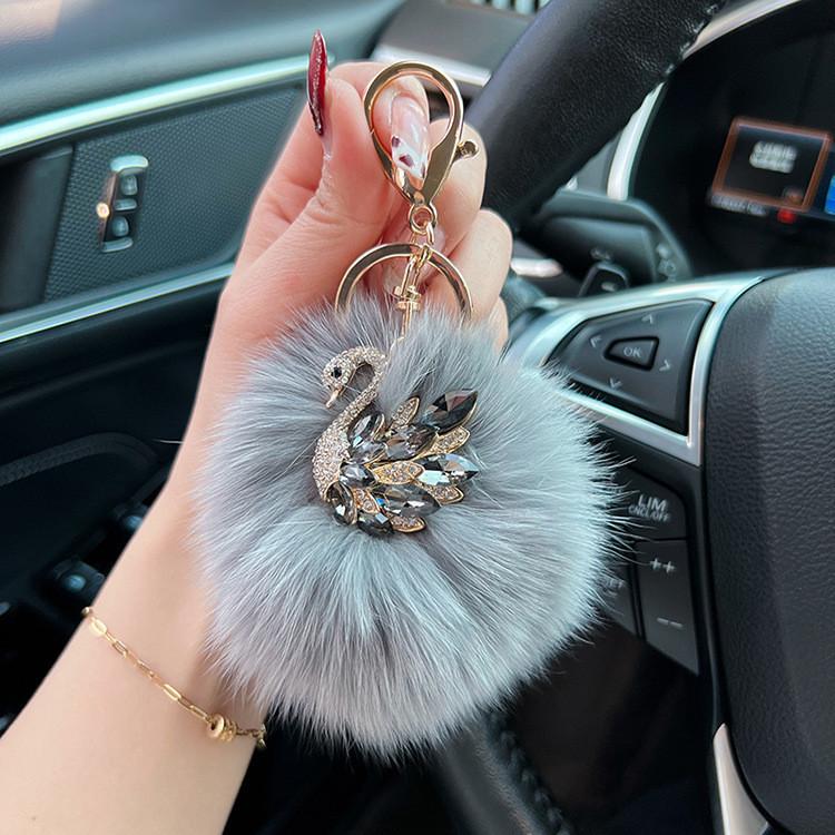 Crystal Swan Creative Fox Fur Car Keychain Exquisite Chic Keyring Bag Pendant