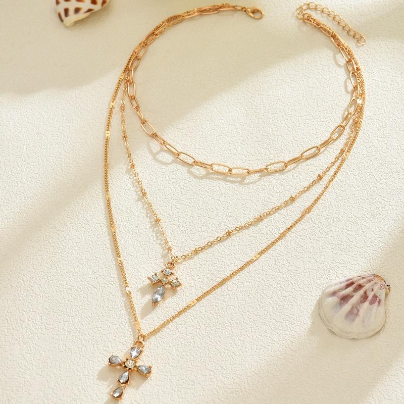New Double-layer Cross Necklace Women's Simple Stacking Design Sense Diamond-set Temperament Versatile Pendant Collarbone Chain