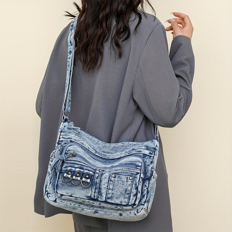 Borsa a Spalla in Denim Lavato Vintage da Donna, Borsa Casual da Donna in Tessuto Morbido con Chiusura a Zip, Borsa a Tracolla Monocolore Cowgirl