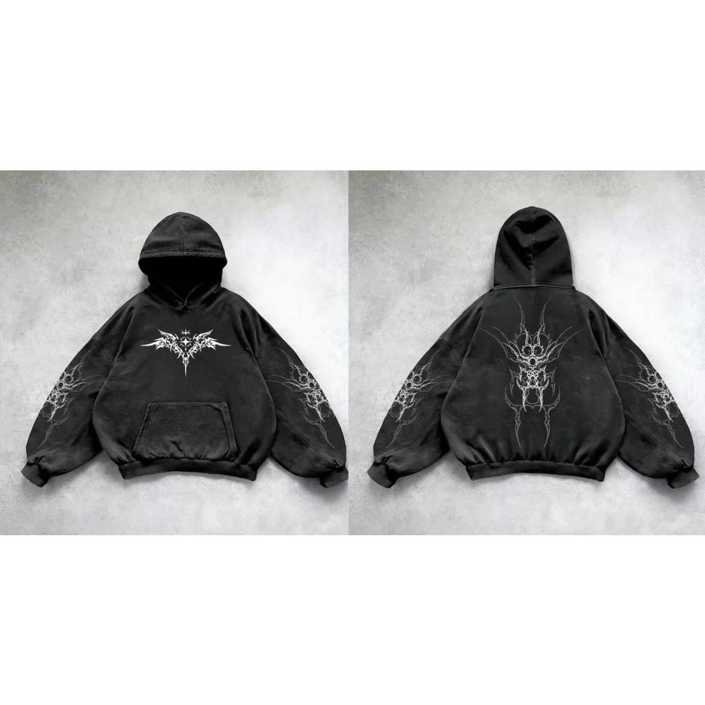 RogueWave Retro Gothic Grafikdruck Hip Hop Hoodie für Herren Y2k Grunge Punk Lässiger lockerer Pullover Damen Streetwear Sweatshirt Hoodies