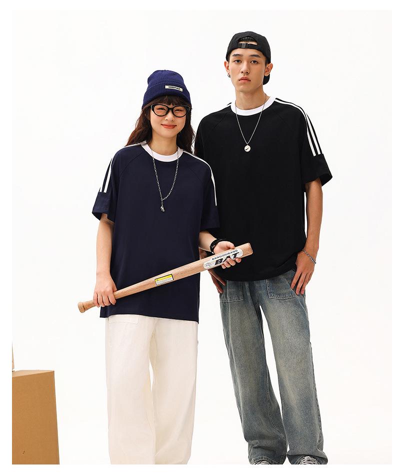 Unisex Solid Color Heavy Duty Combed Cotton T-Shirt, American Sports Style, Short-Sleeve with Three-Bar Ribbon, Summer Attire