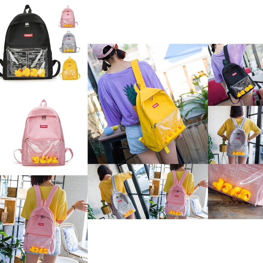 Durable Canvas Womens Backpack With Fun Duck Toy And Transparent School Bag Design