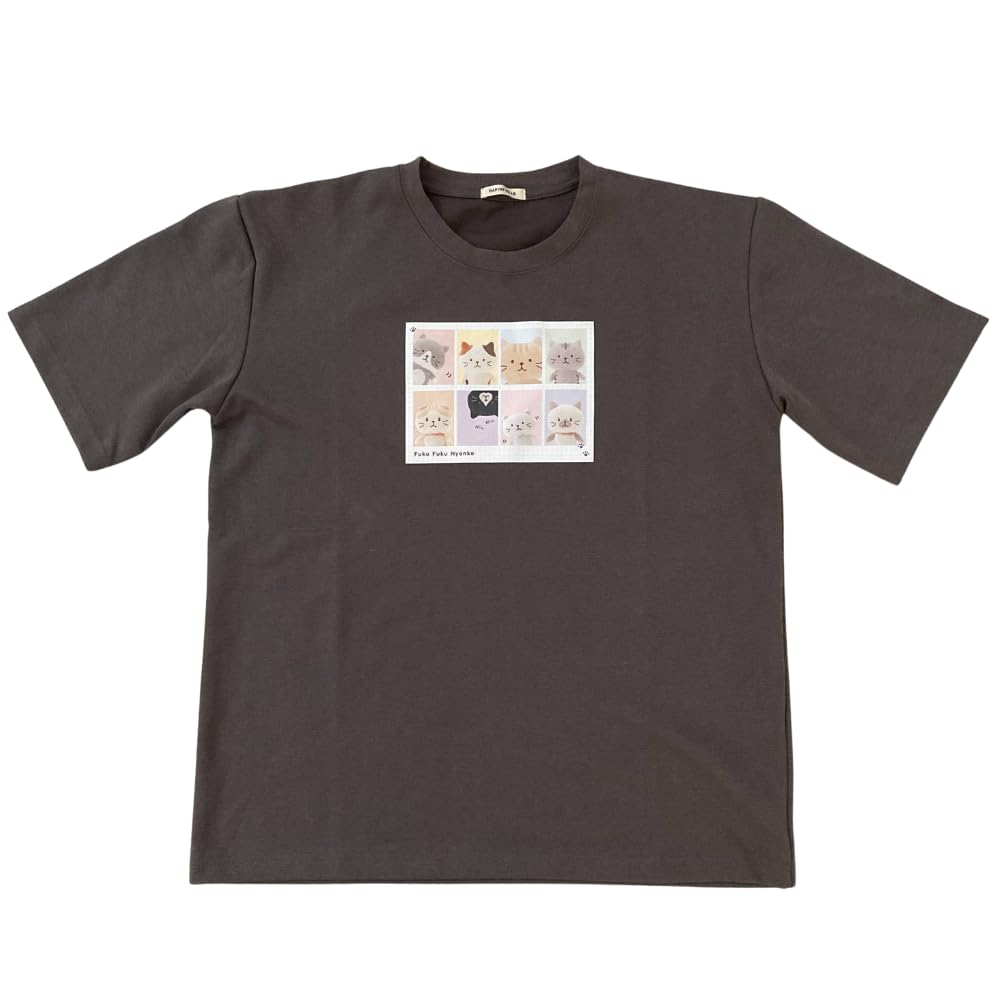 [Fuku Fuku Nyanko] Cat T-Shirt, Short Sleeve, Cute, for Cat Lovers, Fukufuku Nyanko Character, Unisex, Size L, Loose Fit, Crew Neck, Happins