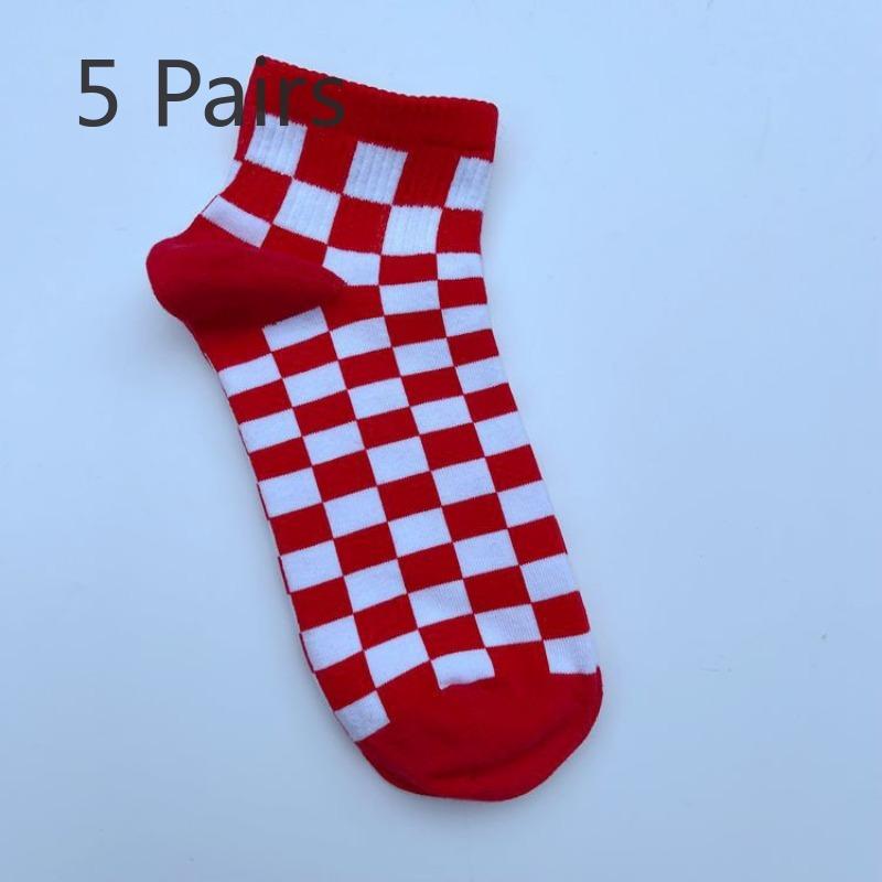5 Paar Socken Schachbrettmuster Socken Herren Tide In Kurz College-Stil Junge Baumwolle Skateboarden Sportsocken 5 pairs rot