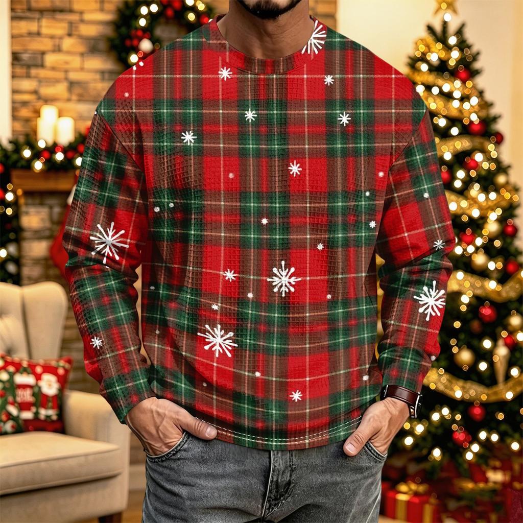 Men's Casual Knit Long Sleeve Neck Shirt with Christmas Print for Holiday and Everyday Wear