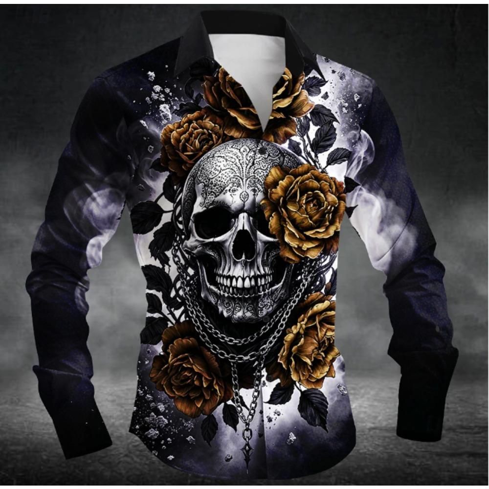 Men's Halloween Skeleton Printed Long Sleeve Shirts Casual Cardigan New Button Holiday Fashion Shirts