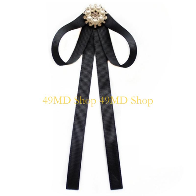49MD Pearl Ribbon Brooch Pin Bow Tie Vintage Pre-Tied Collar Jewelry Bowknot Necktie