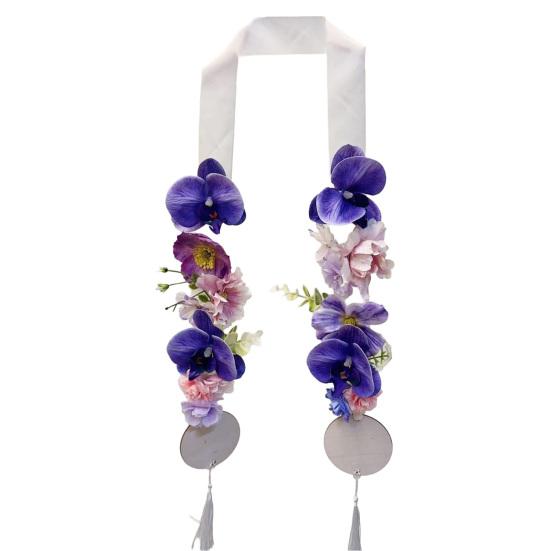 Floral Graduation Stole Handmade Custom Floral Belt with Realistic Faux Silk Flowers Phalaenopsis Roses Dahlias Personalized Engraved Tags Unique Grad
