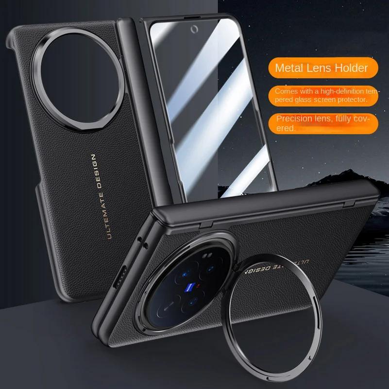Luxury Leather With Front Screen Tempered Glass Protector Case For VIVO X Fold 6 Spring Hinged Camera Holder Cover
