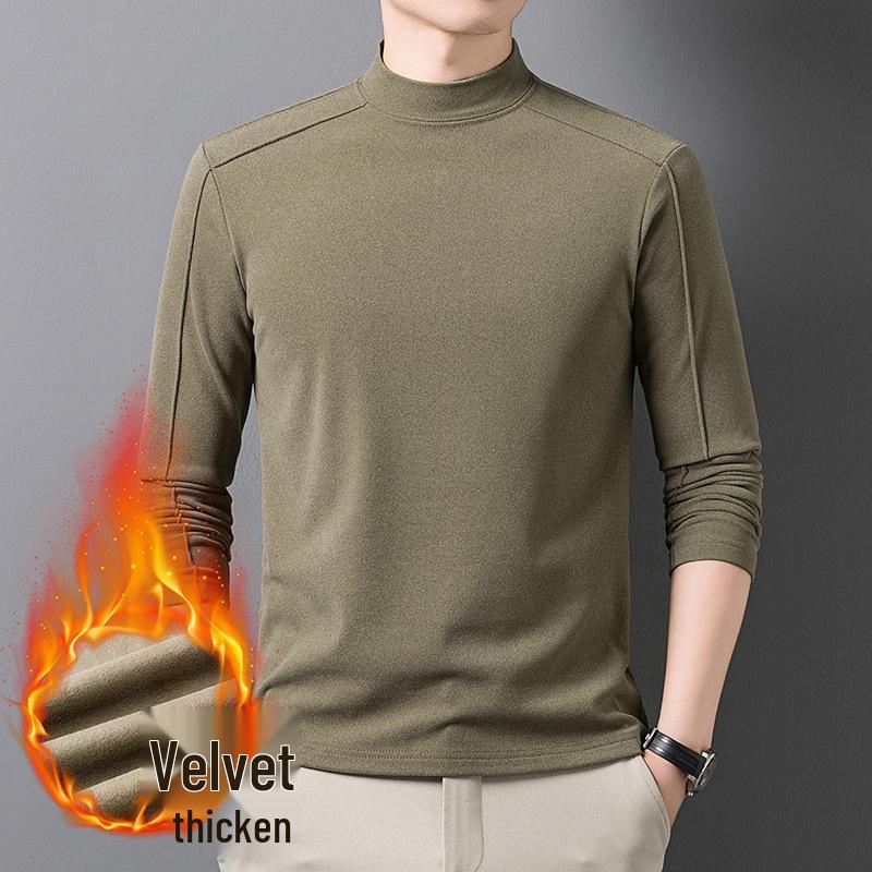 Men's Warm Self-Heating Fleece Hoodie - New Style, Half-High Collar, Long Sleeve, Skin-Friendly, Solid Color, Versatile Base Layer.